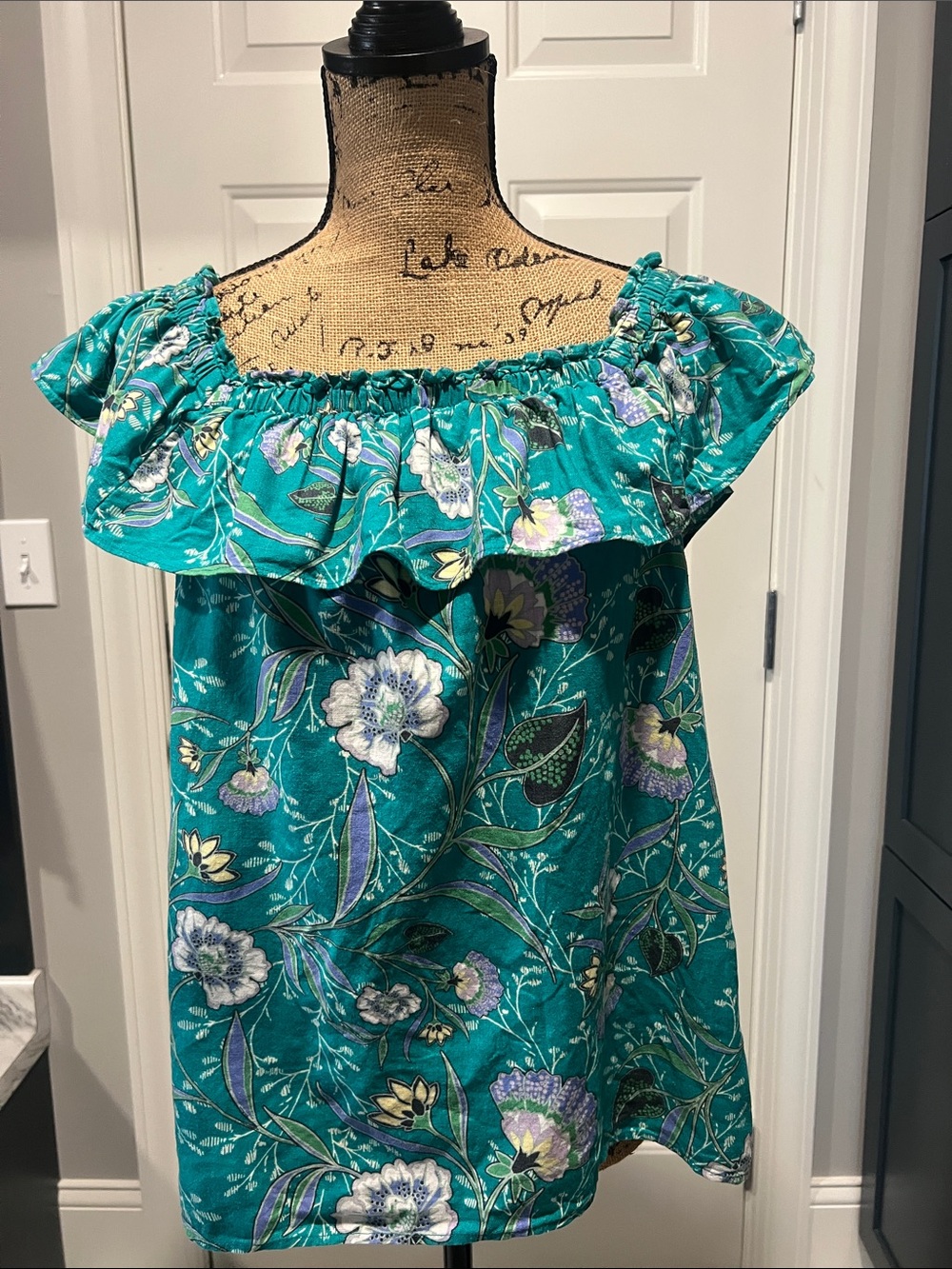 Loft Sz S Linen/Viscose Teal‎ Green Floral Off-Shoulder Ruffle Top Summer Casual